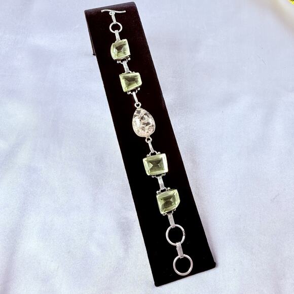 925 Sterling Silver Green Quartz Prasiolite Rutilated Quartz Bracelet 8” Raw VTG
